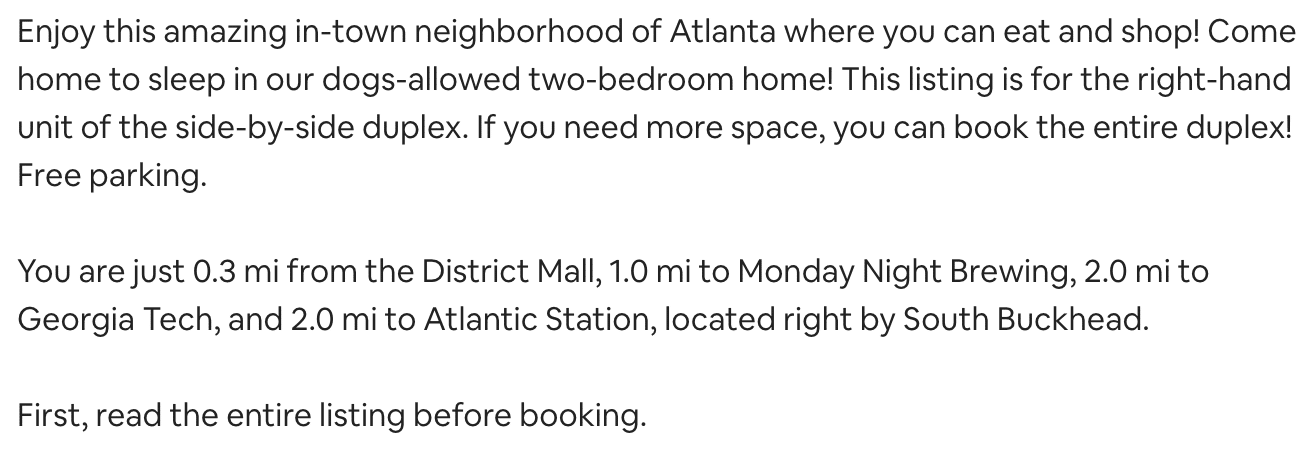 vacation rental description featuring USPs