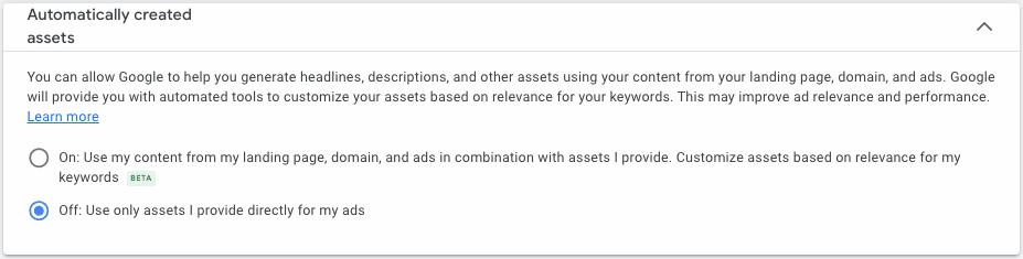 Google Ads automatically created assets