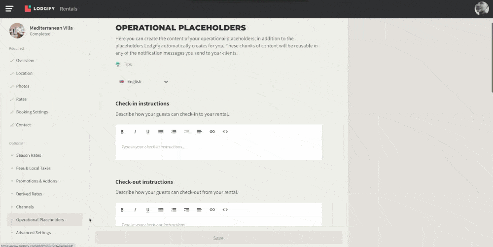 Operational placeholders feature