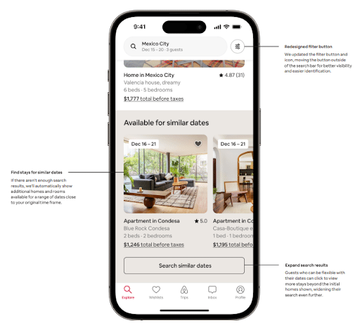 Mobile phone depicting Airbnb's new search features