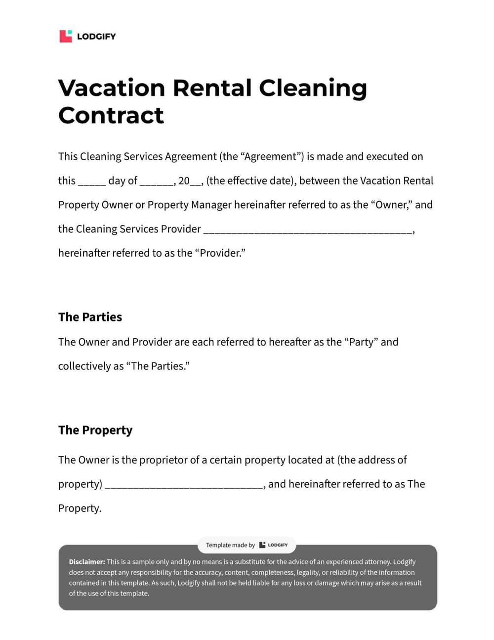 Vacation Rental Cleaning Contract Template