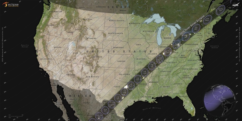 April 2024 total solar eclipse map from NASA