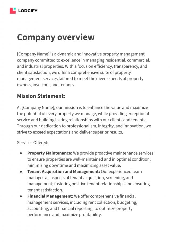 Property management business plan example