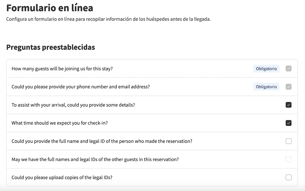 Formulario de check-in en línea Lodgify