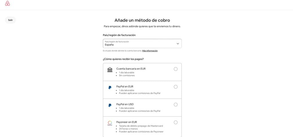 configurar metodo cobro airbnb
