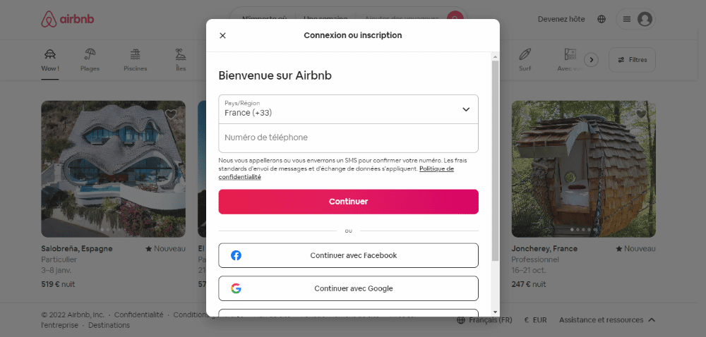 Portail d'inscritpion Airbnb